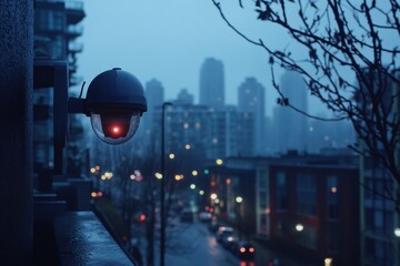 Surveillance camera overlooks city streets during rainy evening hours