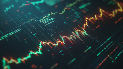 Obraz premium Abstract black background with Colorful charts and graphs with statistics to innovative analyze business potential and forecast future development of companies growth.