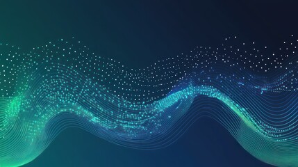 Abstract Teal Blue Wave Lines and Glowing Particles