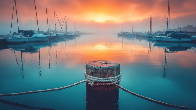 Sunrise harbor marina calm boats fog travel