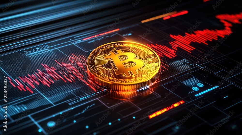 Poster golden bitcoin rests on digital financial data display