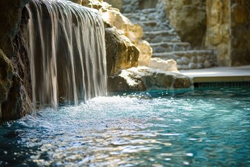 Serene waterfall cascading into a tranquil swimming pool in a natural stone setting