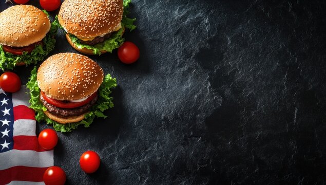 Delicious American Cheeseburgers with Tomatoes and Flag