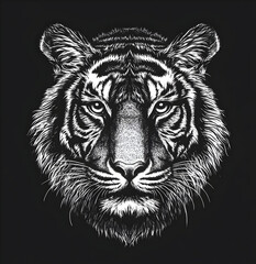 Obraz premium Realistic Monochrome Vector Illustration of a Tiger's Face with Artistic Line Details and a Regal Expression