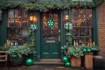 
Decorations at the entrance to the pub for St. Patrick's Day: green balls, flags, clovers and gold coins.


