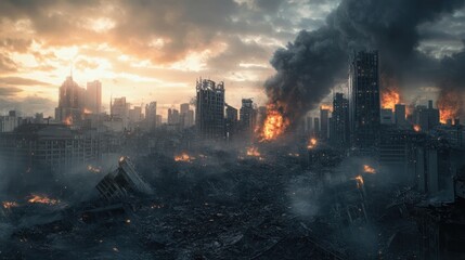 Obraz premium Post-Apocalyptic Cityscape: A Desolate Urban Landscape at Sunset