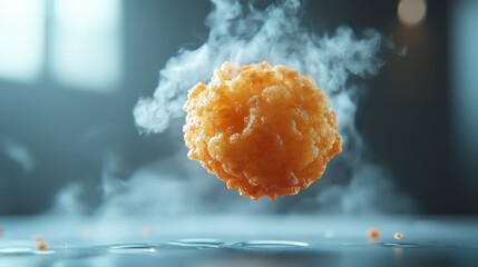 Crispy tater tot soaring towards eager mouth in warm steam glow