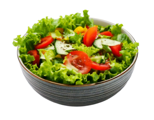 A fresh, colorful bowl of healthy salad featuring vibrant greens, juicy tomatoes, crunchy cucumbers, and crisp lettuce, isolated on transparent white background in PNG format for digital design.

