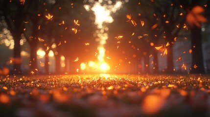 Naklejka premium Sunset autumn leaves park fall background design