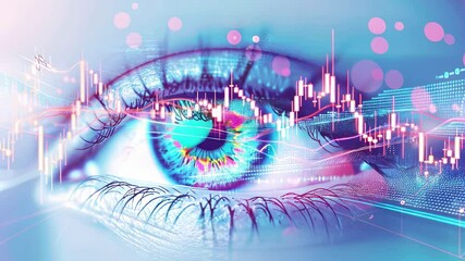 Futuristic human eye merged with financial trading charts and market analysis data visualization in vibrant neon blue and pink colors showing trends and analytics - Powered by Adobe