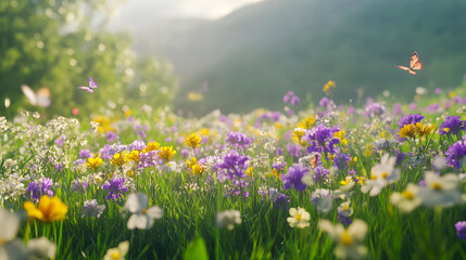 Obraz premium Serene Meadow in Full Bloom with Vibrant Wildflowers and Butterflies Under Soft Morning Light in a Tranquil Countryside