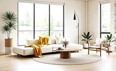 Modern living room interior with sofa and green plants,lamp,table on white wall background. 3d rendering