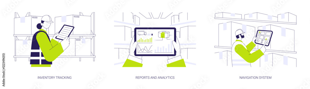 Sticker warehouse management system abstract concept vector illustrations.