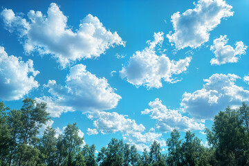 Clear Blue Sky with Fluffy Clouds Over a Forest