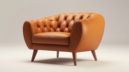 Beige soft leather armchair with wooden legs. Realistic 3d vector illustration of gentle fabric sofa furniture element. Classic comfort living room interior object. Comfortable bedroom chair mockup.