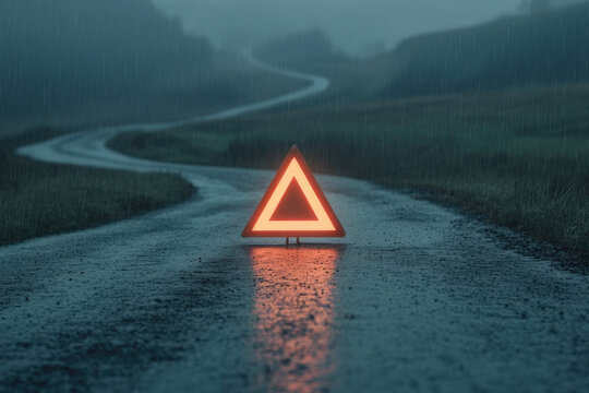 Closed road with glowing emergency triangle warning sign at night while raining. Climate adverse weather conditions for driving