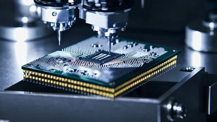 close-up view of a microchip being assembled under a microscope