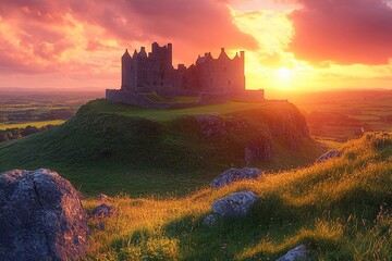 Obraz premium Landscape with green fields and ancient Irish castles standing against the backdrop of the sunset.