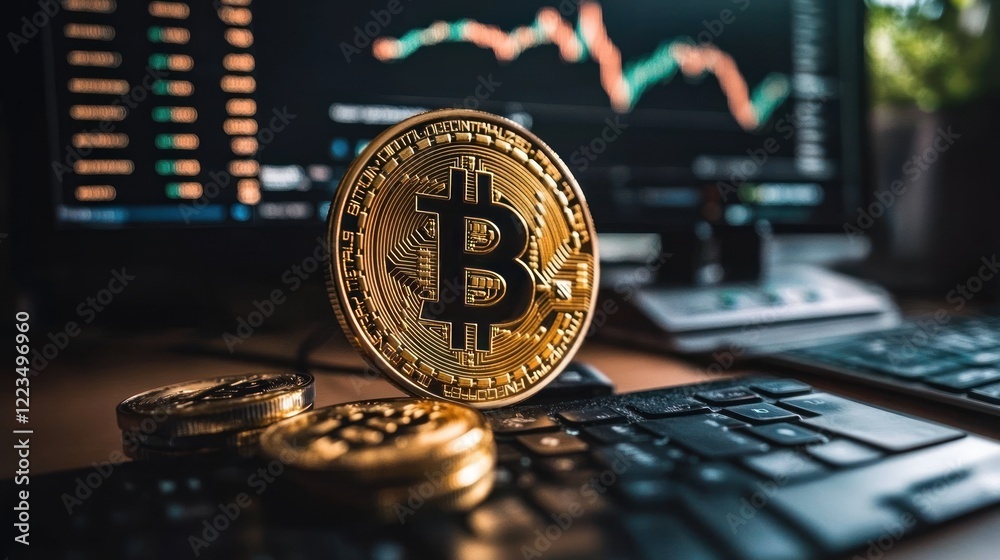 Poster bitcoin cryptocurrency digital currency on keyboard near stock chart