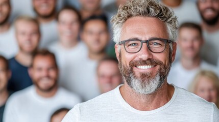 Smiling man leader team background, corporate success