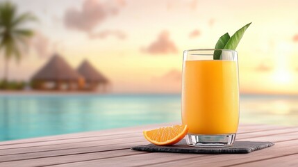 Refreshing Orange Juice by the Pool at Sunset Tropical Getaway