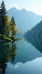 Serene lake surface with surrounding trees reflected perfectly, landscape, lake