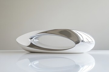 Minimalist white podium with a reflective surface, doubling the visual impact of the product through its mirrored effect.