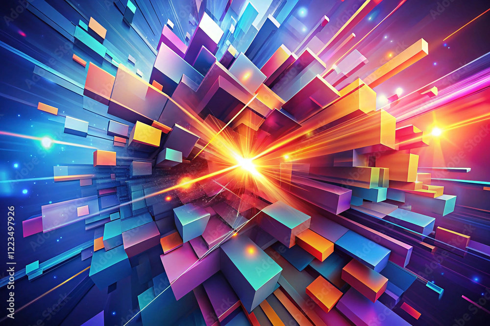 Poster abstract colorful 3d blocks exploding with light streaks.