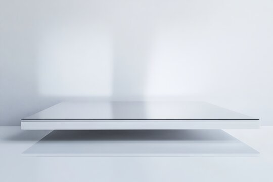 Minimalist white podium with a reflective surface, doubling the visual impact of the product through its mirrored effect.