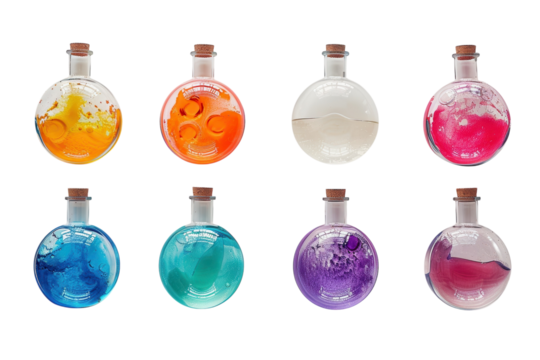 Colorful collection of glass flasks filled with vibrant liquids on a bright background, showcasing a spectrum of hues and textures isolated on transparent background