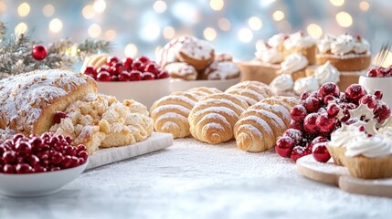Festive Christmas pastries & desserts on table, bokeh background. Ideal for holiday recipe websites or food blogs