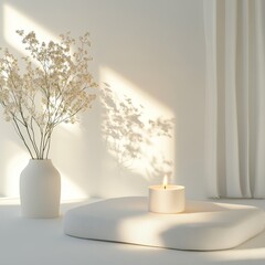 3d render of a white room with a lighted candle and a vase of flowers