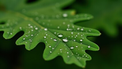 Macro photography of dewdrops on a green oak leaf	