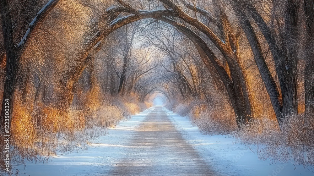 Poster winter pathway through arching trees in snow