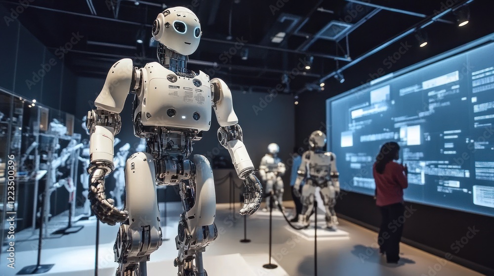 Poster advanced humanoid robot displayed in modern technology exhibition