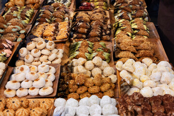 Freshly baked pastries displayed at in shop.