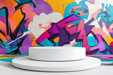 Minimalist white podium on a colorful graffiti wall background, blending street art with modern...