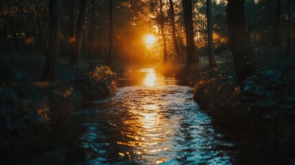 Obraz premium Sunset Illuminates Forest Stream Water Flowing Through Trees