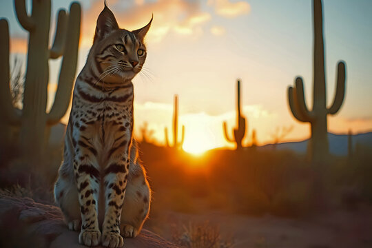 A bobcat in the new mexico desert with Saguaro Cactuses at Sunset. - Powered by Adobe