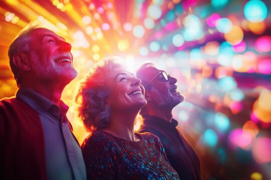 Joyful seniors enjoying vibrant lights during a festive gathering in the evening