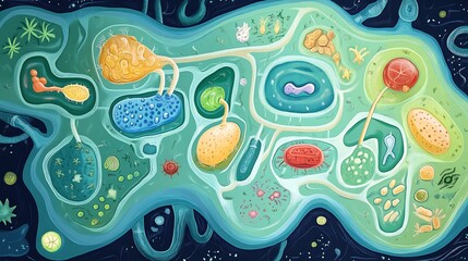 Fototapeta premium Symbolic portrayal of metabolic pathways showcasing fermentation and respiration processes in microbial cells