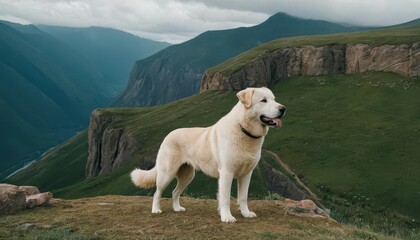 Powerful Alabai dog in a natural mountain setting, showcasing its proud stance and thick coat, framed by dramatic landscapes and expansive views