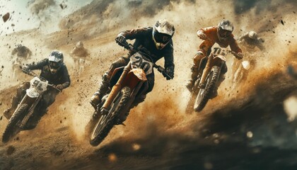 Intense Motocross Riders Charging Through a Dusty Track in a Competitive Race