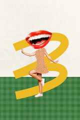 Exclusive image vertical photo collage of anonym girl instead head mouth lipstick whitening teeth...