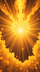 Dynamic burst of golden light rays emerging from swirling clouds in an abstract and warm style