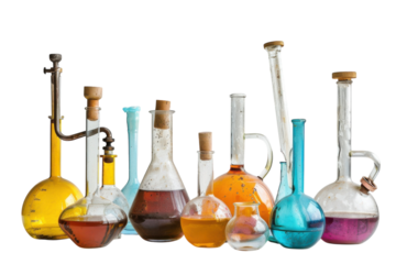 Colorful glass laboratory vessels filled with vibrant liquids on a minimalist backdrop create an intriguing scientific atmosphere isolated on transparent background
