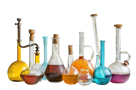 Colorful glass laboratory vessels filled with vibrant liquids on a minimalist backdrop create an intriguing scientific atmosphere isolated on transparent background