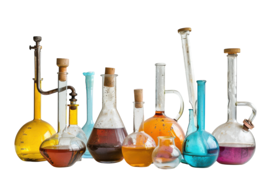 Colorful glass laboratory vessels filled with vibrant liquids on a minimalist backdrop create an intriguing scientific atmosphere isolated on transparent background