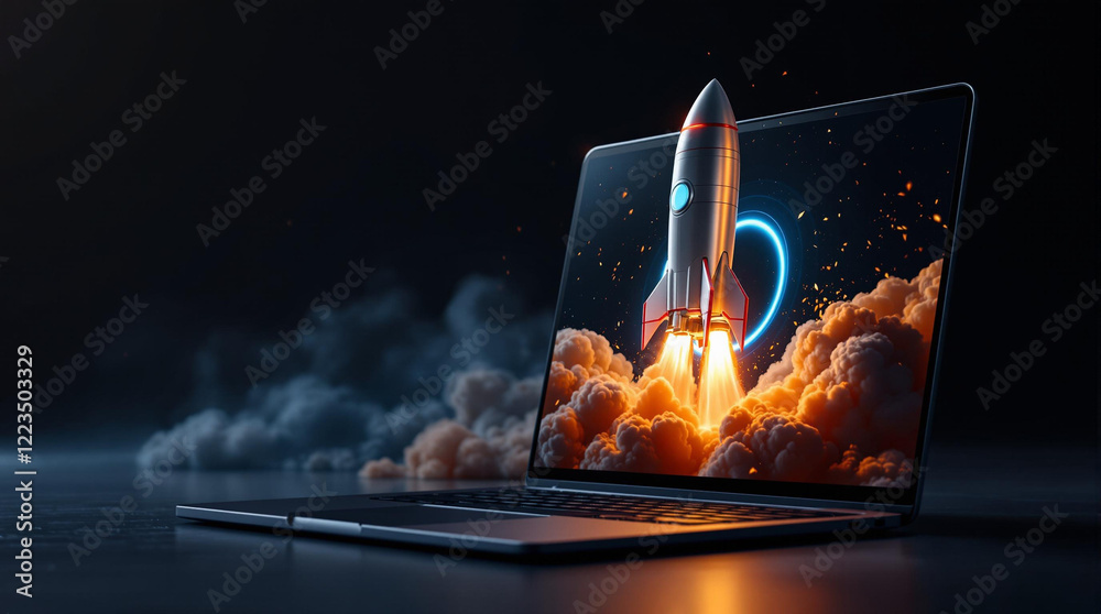 Poster a laptop with a rocket launching out of it, surrounded by smoke and flames, symbolizing a powerful l