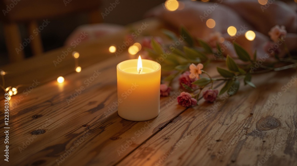 Poster a wooden table with a lit candle and some flowers, creating a warm and cozy atmosphere. The background features soft, blurred lights adding to the ambiance.